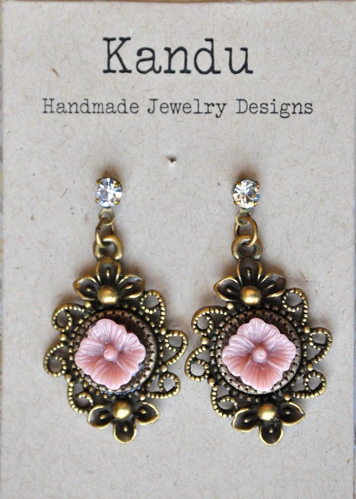 Pink Victorian Antique Brass Earrings