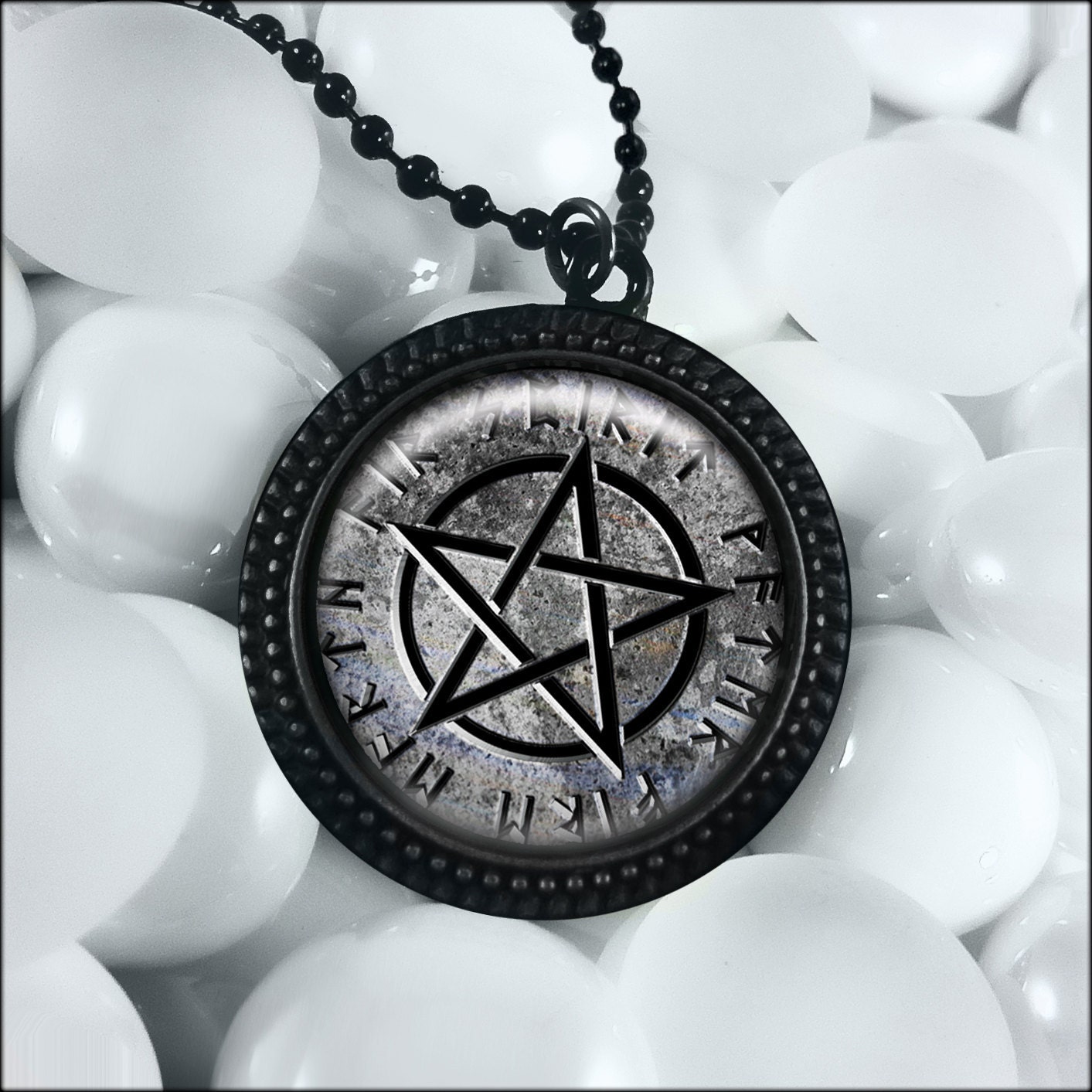 Gray Stone Pentacle Occult Wicca Wiccan Pentagram Black Pendant Necklace RFB-338