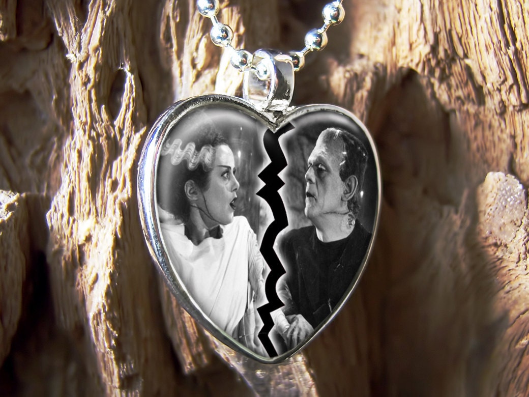 Frankenstein & Bride Heart Horror Glass Necklace 157-HF
