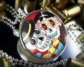 Large Dia De Los Muertos Day of the Dead Bride and Groom Sugar Skulls Silver Necklace 233-LRF