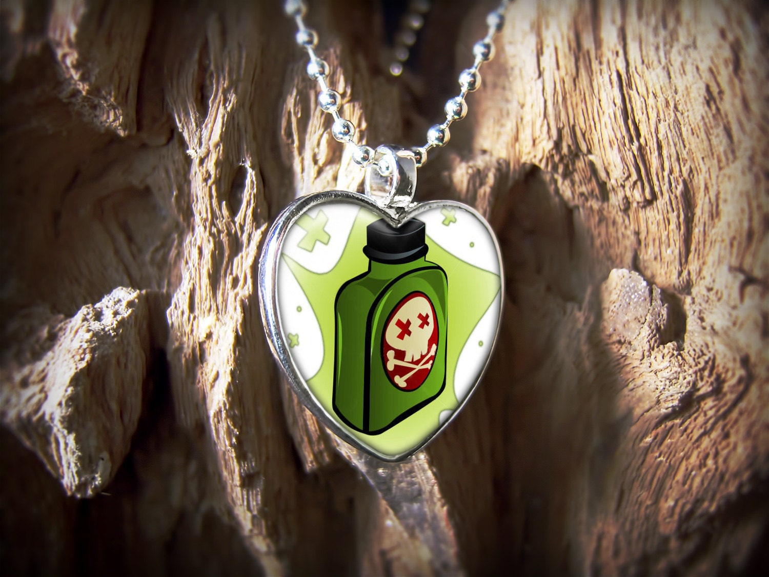 Zombie Poison Skull Sterling Silver Heart Pendant Necklace 629-HF