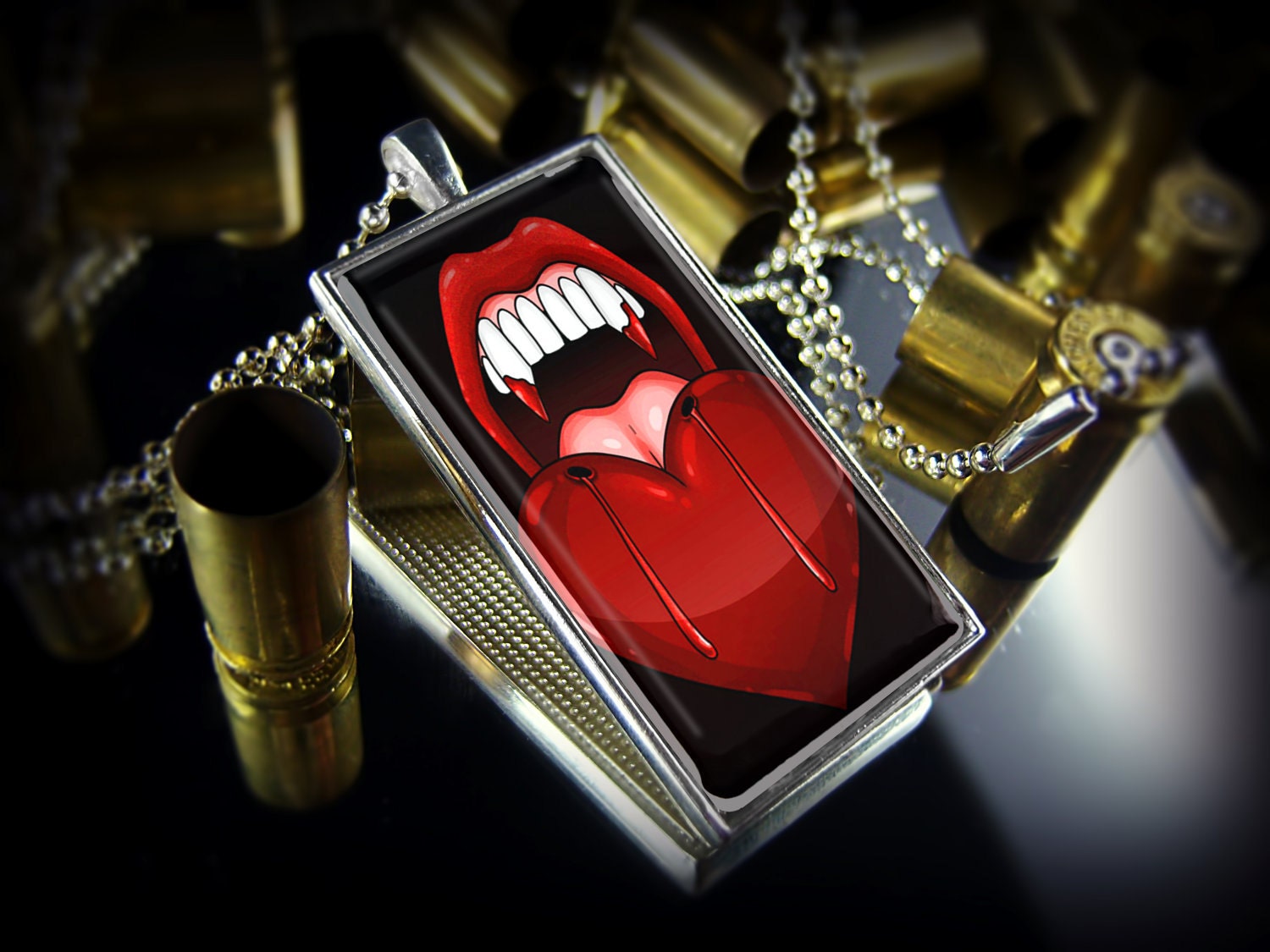Vampire Fangs Bitten Vampire Goth Halloween Horror Sterling Silver Glass Necklace 425-RCF