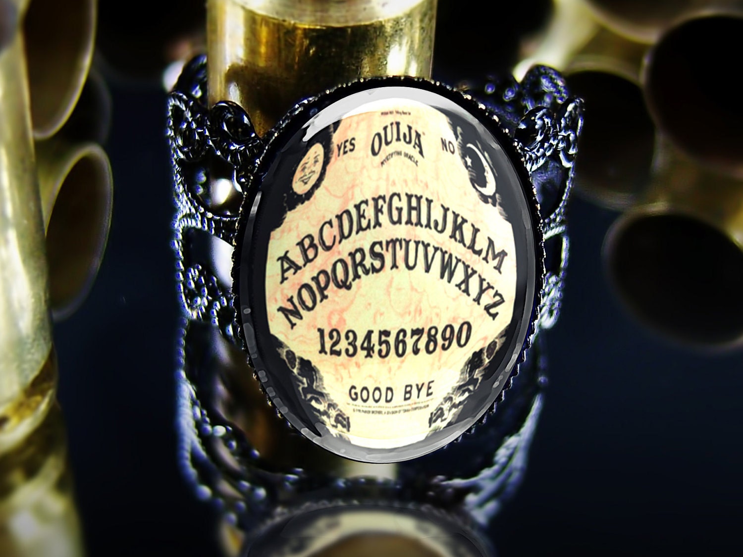 Ouija Board Halloween Horror Glass and Black Filigree Adjustable Ring 415-ARB