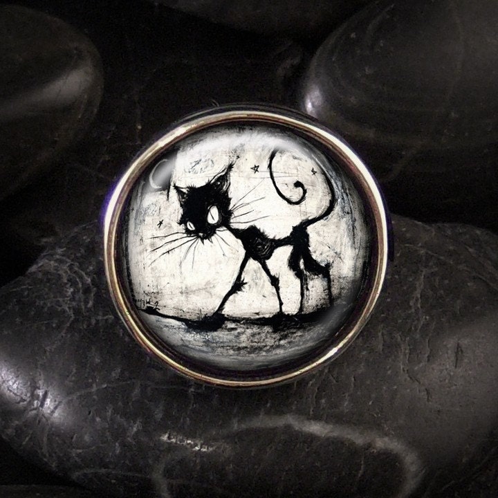 Black Cat and Moon Halloween Glass Sterling Ring RR-479