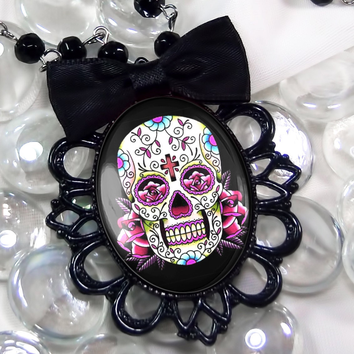 Dia De Los Muertos Pink Sugar Skull Gothic Punk Black Filigree Necklace 65-4-FB