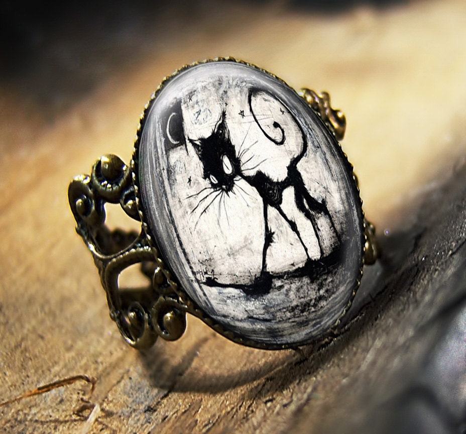 Black Cat & Moon Gothic Grunge Horror Halloween Antique Bronze Ring 479-AR