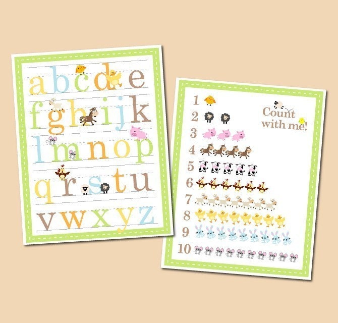 Alphabet and Number Counting Poster - Set of 2 11x14 Funny Farm