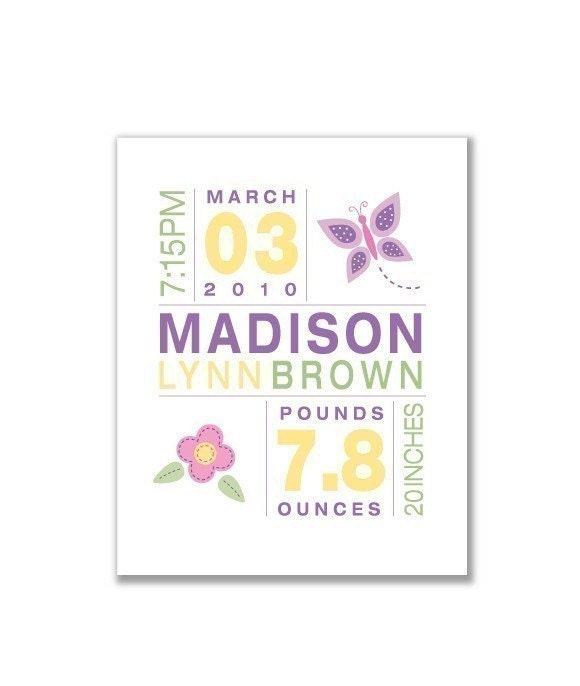 8x10 Birth Print for Girls - Custom Nursery Art