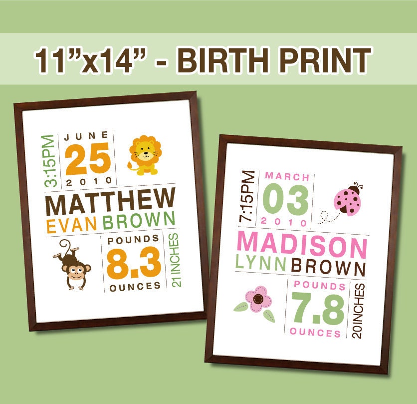 11x14 Birth Print for Boys and Girls - Custom Nursery Art