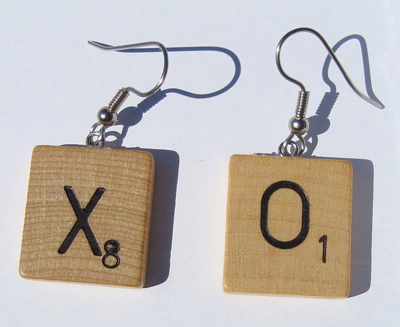 Vintage Wooden Scrabble Tile XO Kisses and Hugs Dangle Earrings