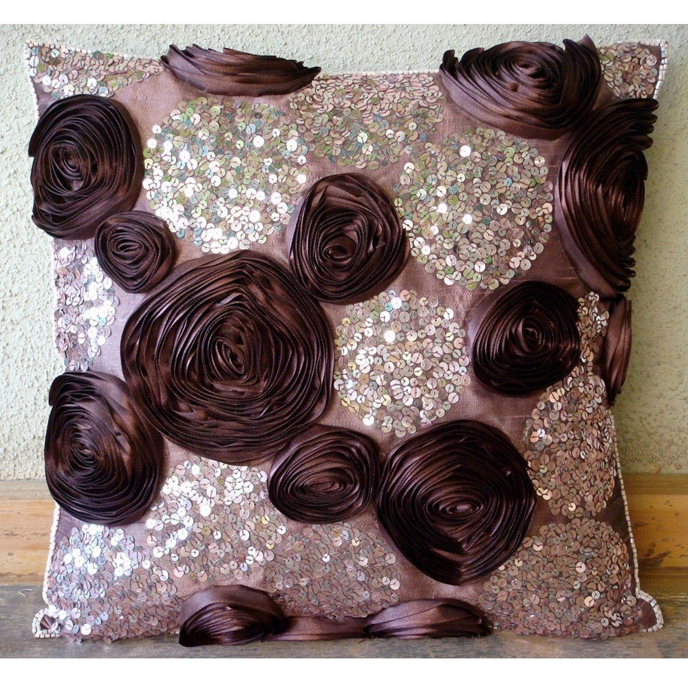 Decorative Throw Pillow Covers Accent Pillow Couch 16 Inch Silk Pillow Cover Ribbon Sequin Embroidery Wine Roses Home Living Decor Houseware