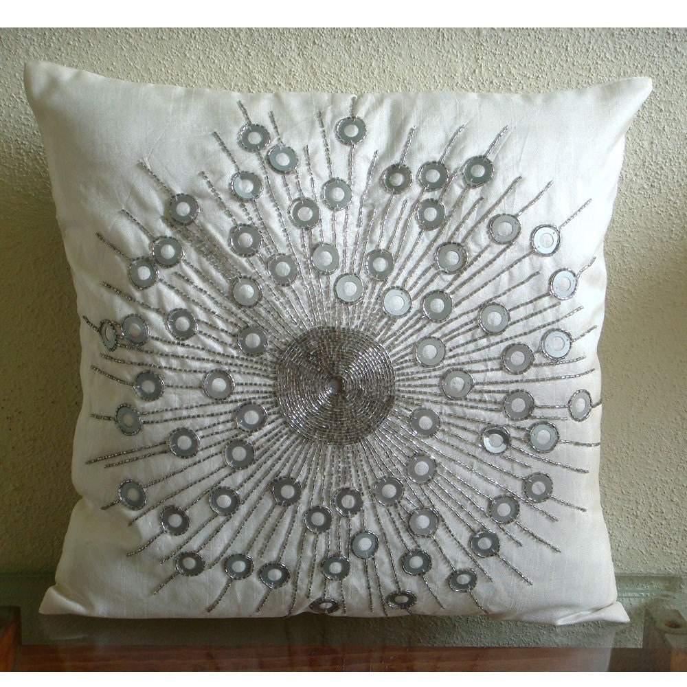 Silver Moon Light- Throw Pillow Covers - 16x16 Inches Silk Pillow Cover Embellished with Sequins And Beads
