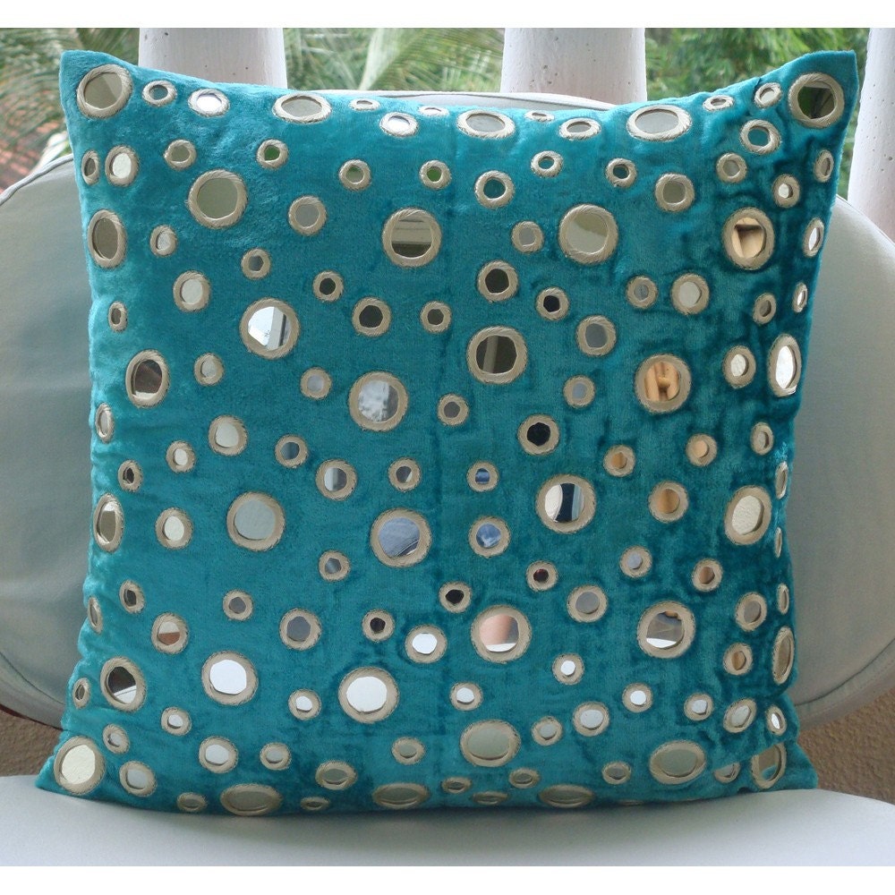 Blue Mirror Pillow Covers - 16x16 Inches Velvet Throw Pillows with Mirror Embroidery - Aqua Reflections