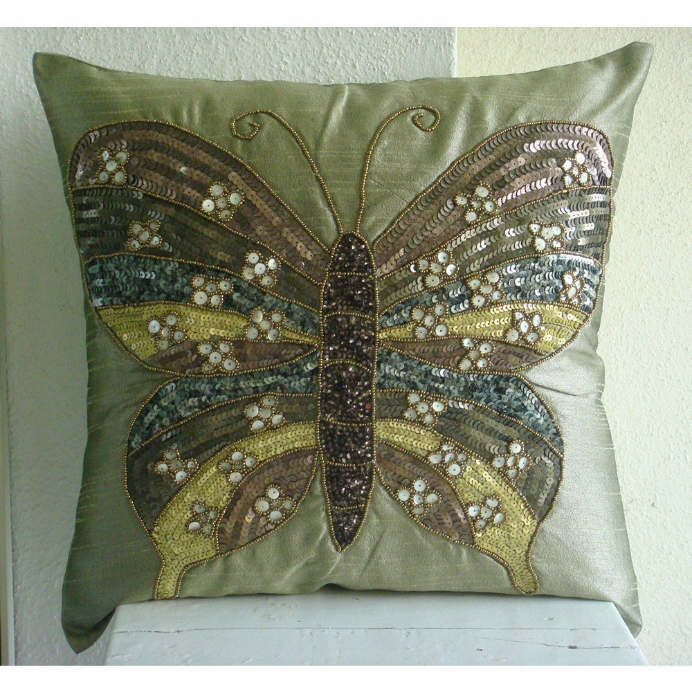 Decorative Throw Pillow Covers Accent Pillow Couch Pillow 16 Inch Silk Pillow Cover Embroidered Sequin Bead Butterfly Envy Home Decor Living