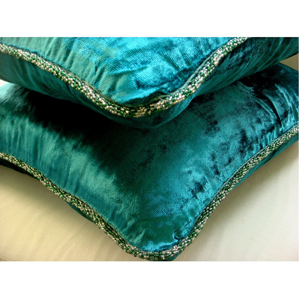 Royal Peacock Green Shimmer - Throw Pillow Covers - 16x16 Inches Velvet Pillow Cover with a Handmade Beaded Border