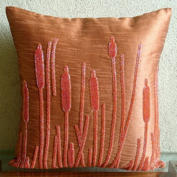 Rusted Beauty - Throw Pillow Covers - 16x16 Inches Silk Pillow Cover with Bead Embroidery