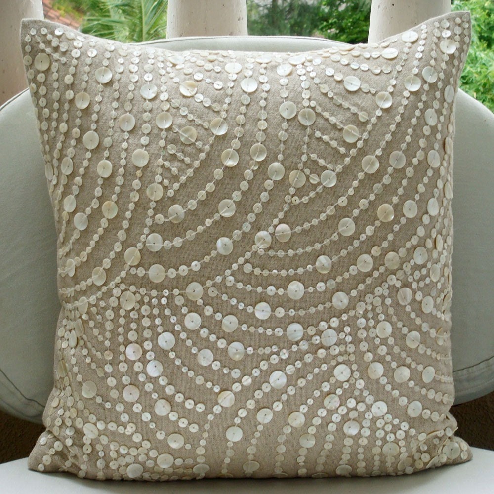 Dreams N Pearls - Throw Pillow Covers - 18x18 Inches Cotton Linen Pillow Cover with Mother Of Pearl