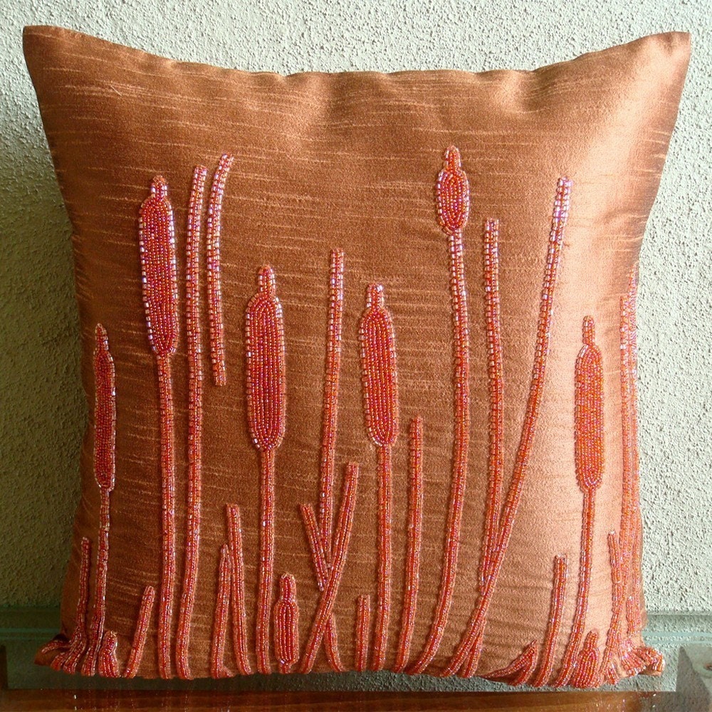 Rusted Beauty - Throw Pillow Covers - 16x16 Inches Silk Pillow Cover with Bead Embroidery