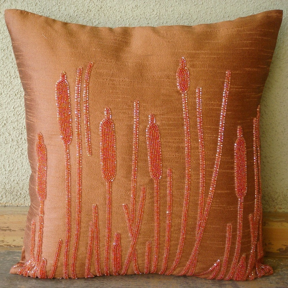Rusted Beauty - Throw Pillow Covers - 16x16 Inches Silk Pillow Cover with Bead Embroidery
