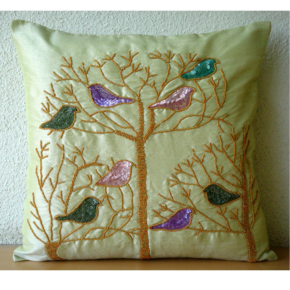Pigeon Love  - Throw Pillow Covers - 16x16 Inches Silk Pillow Cover with Beads and Sequins