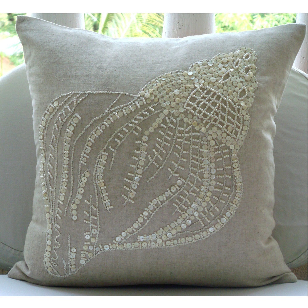 Sea Shell  - Throw Pillow Covers - 18x18 Inches Linen Pillow Cover with Pearl Embroidery