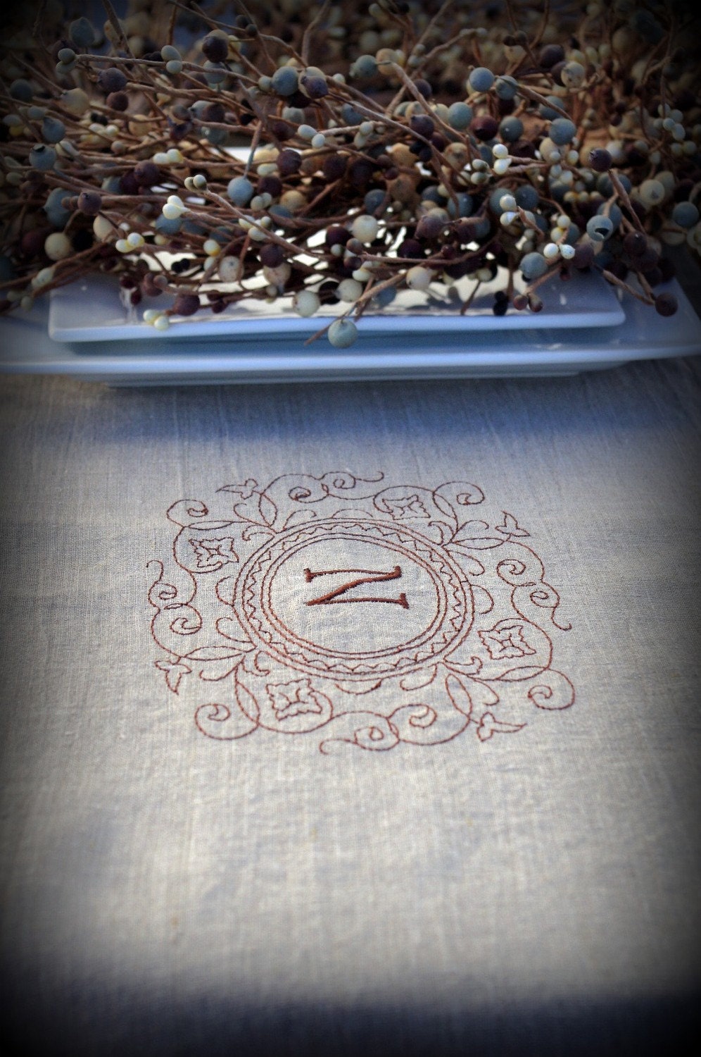 Linen Table Runner in NATURAL Personalized With Your Initial Perfect Wedding Gift