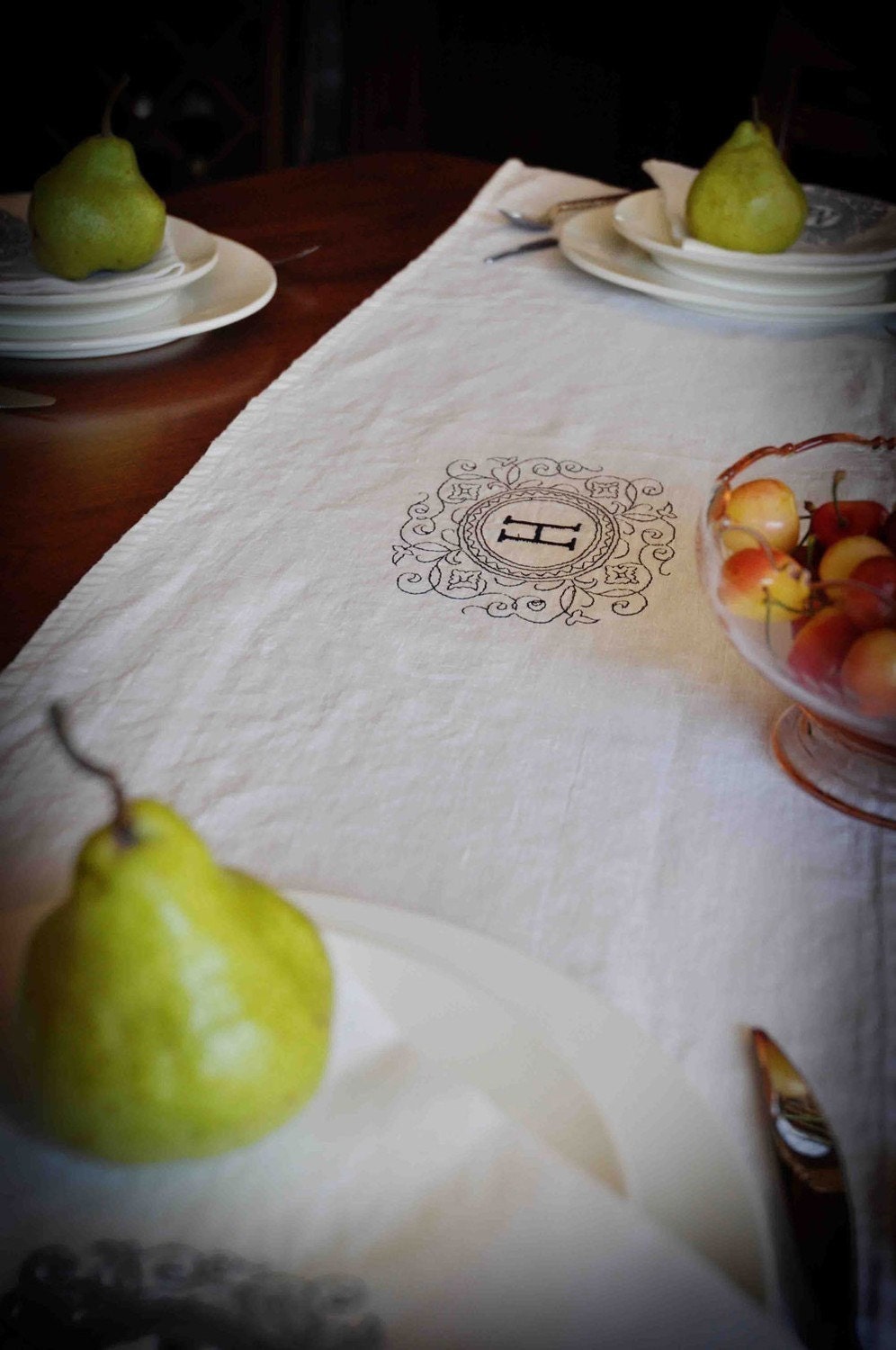 WHITE Linen Table Runner Personalized With Your Initial Perfect Wedding Gift