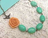 Campania - choose your own beads, pearls, or crystals, rose or chrysanthemum flower cabochon NECKLACE swallow bird charm antiqued brass