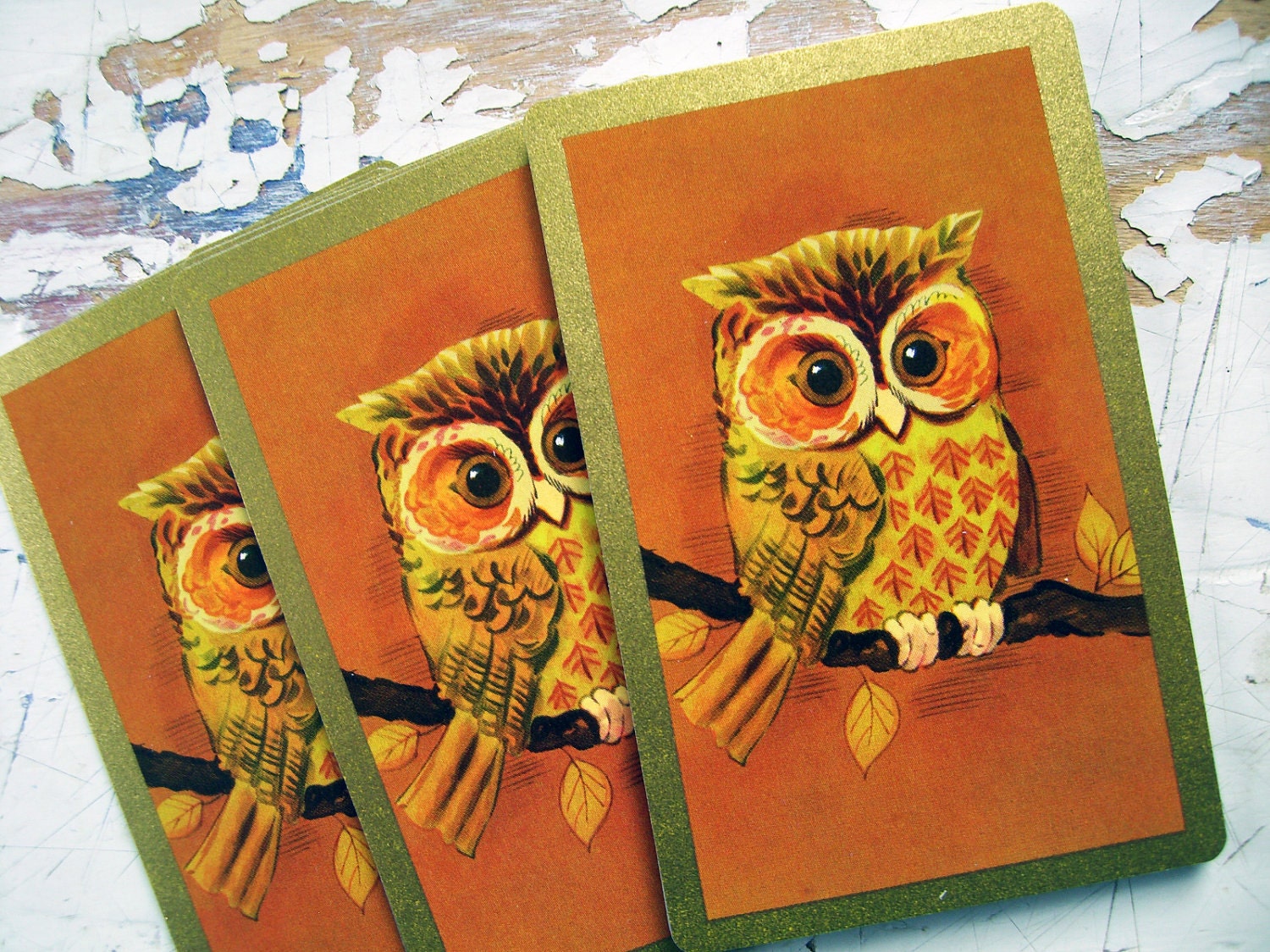 Vintage Owls in Amber-  Vintage Playing Cards, Set of 6, MINT Condition