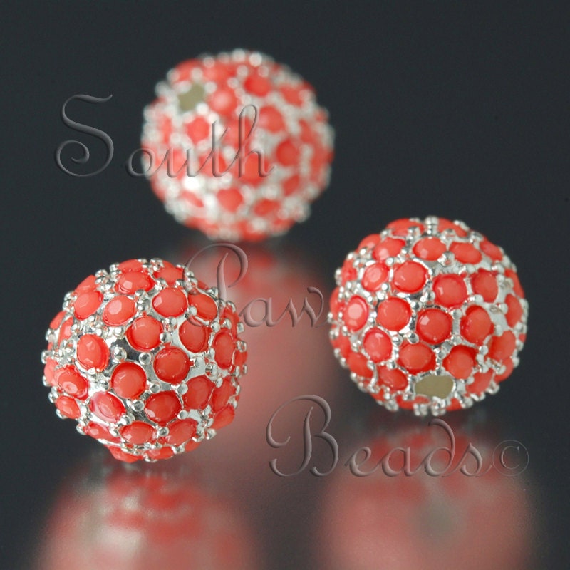 10mm pave crystal bead, Silver with Coral Crystals, by Beadelle (1)