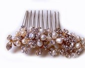 Wedding Hair Comb, Bridal Comb, Gold Pearl Rhinestone Comb, Pearl Floral Rhinestone Hair Comb: Amy