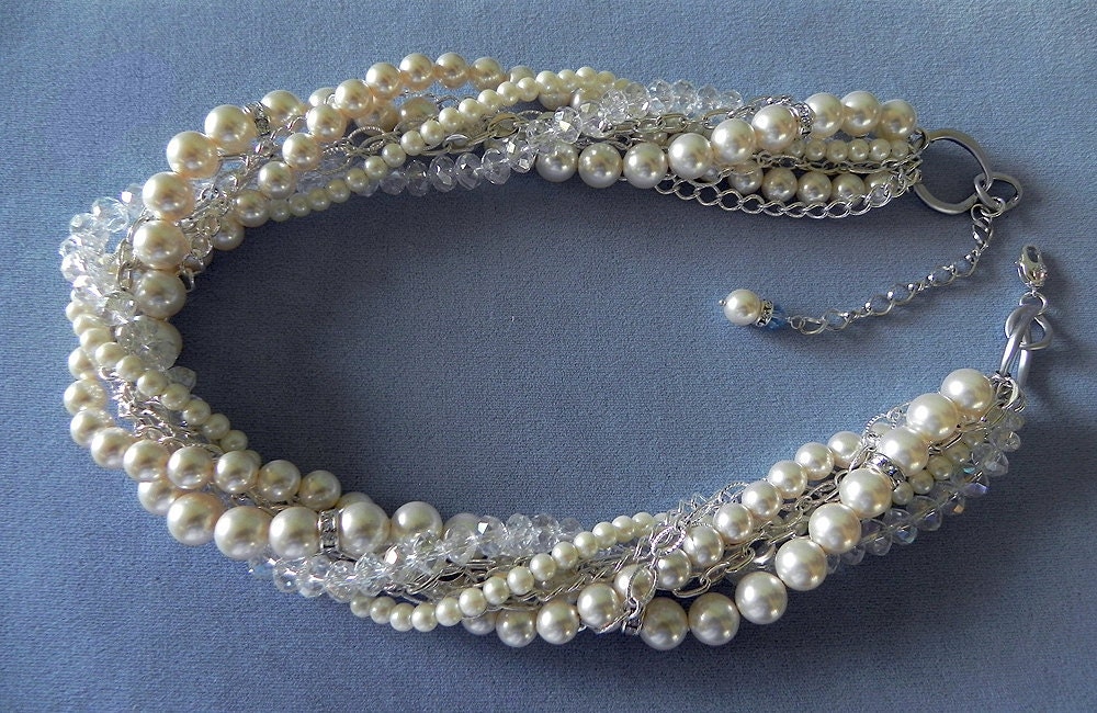 Statement Necklace 2013 Trends Vintage Style Chunky Bridal Pearl and Crystal Necklace Multi-strand Swarovski Pearl: Liz