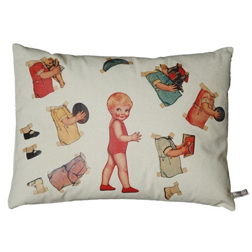 Handmade pillow/cushion on organic cotton, Leo vintage paper doll