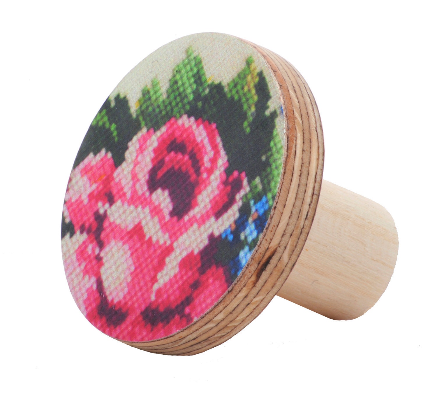 Wooden knobs - rose flower vintage embroidery inspired design
