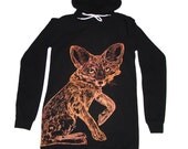 Red Fox with tail on the back hoodie dress - eco-friendly copper ink screenprint on black cotton fleece -  OS/Medium