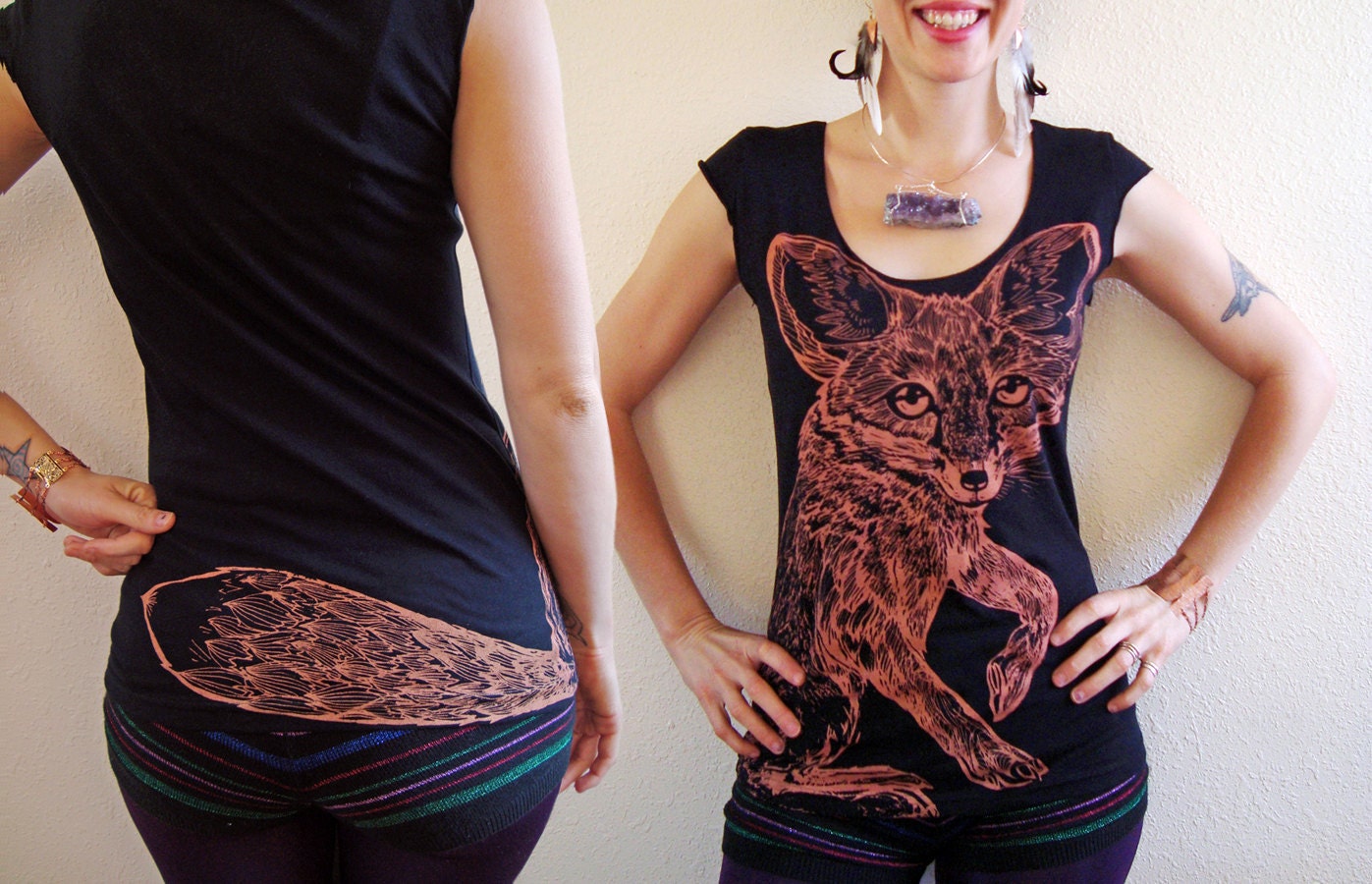 Red Fox with tail on the back scoop neck tshirt - eco-friendly copper ink screenprint on black scoop neck - sizes S, M, L,XL