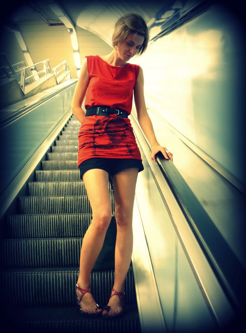 Monkey tshirt dress - eco-friendly black ink screenprint on red cotton - womens sizes S, M, L, XL