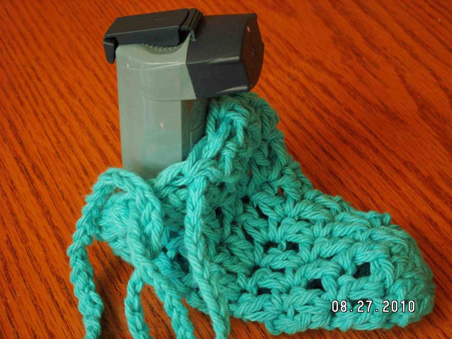 Short sack - Hand-crocheted to carry asthma inhalers and other little things when you are working out or on-the-go
