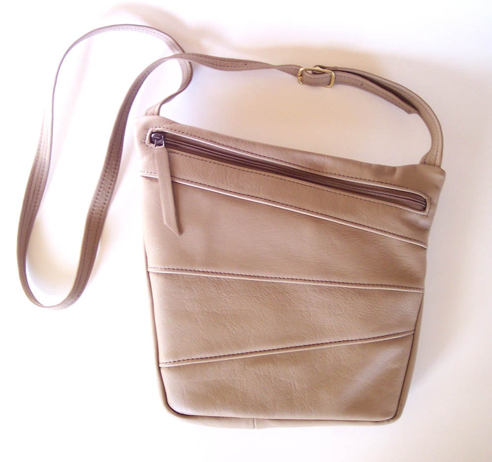 Taupe Leather Purse - Art Deco Style Cross Body Handbag - Large Size