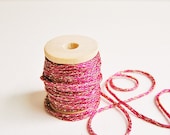 Cherry Berry red Stardust sparkle Satin twine trim on a wood Spool -10 yards