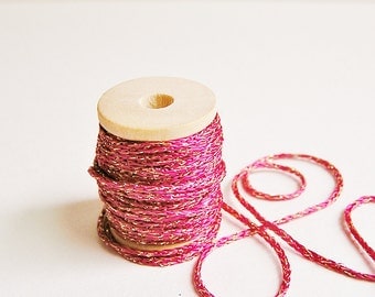 Cherry Berry red Stardust sparkle Satin twine trim on a wood Spool -10 yards