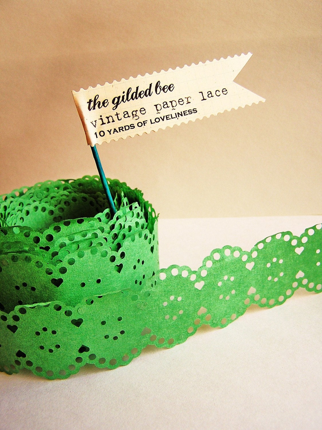 Jade green Vintage paper lace Ribbon/ trim - for gift wrapping, altered art, scrapbooking, decorating, weddings, party supply, holiday