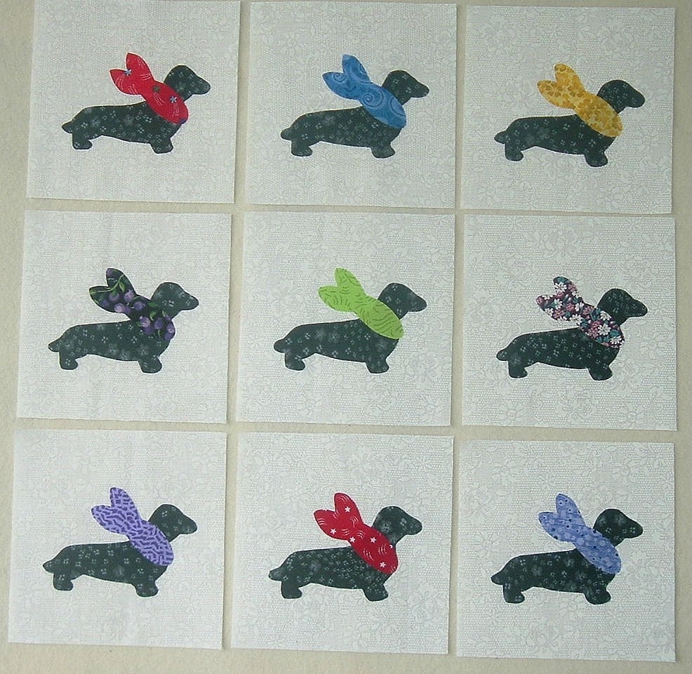 Set of 9 Dachshund Weenie Dog w/Bandana Quilt Top Blocks