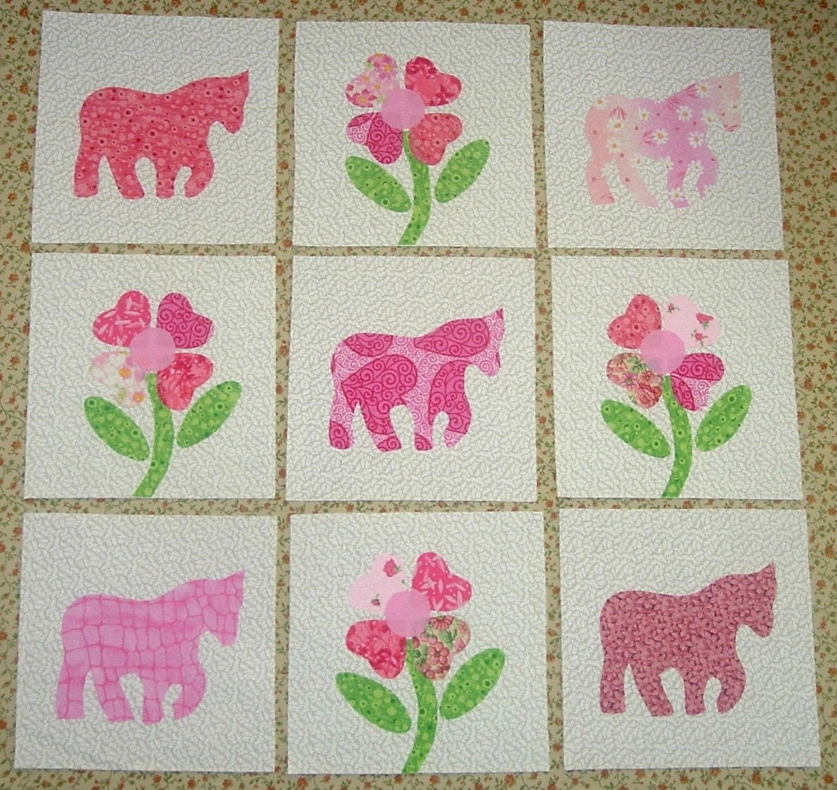Set of 9  Pink Pony Horse and Flower Quilt  Blocks