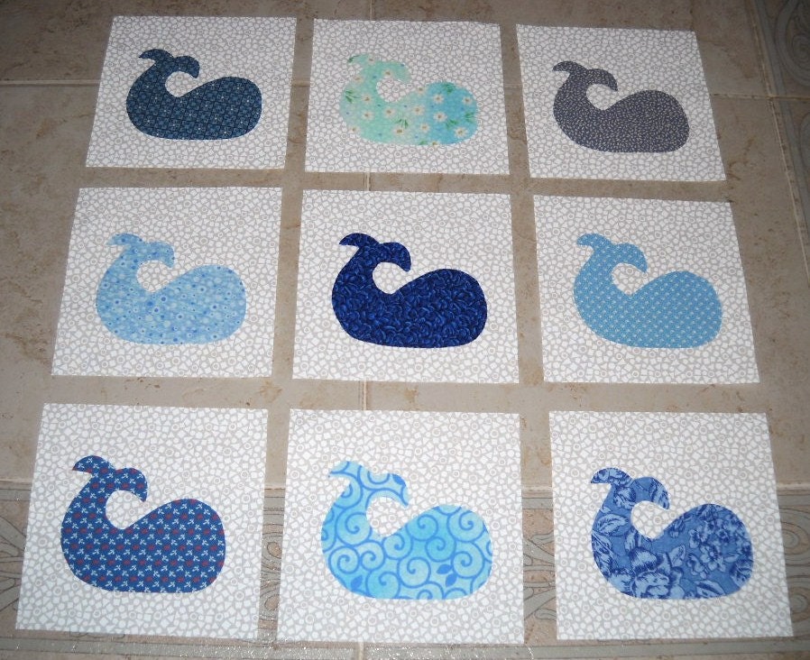 Set of 9 Blue Whale Quilt Blocks