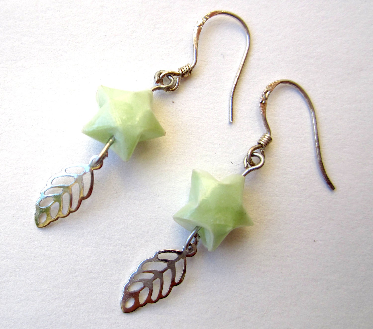 Petite Paper Star Earrings - Green Silver Leaf Origami Jewelry