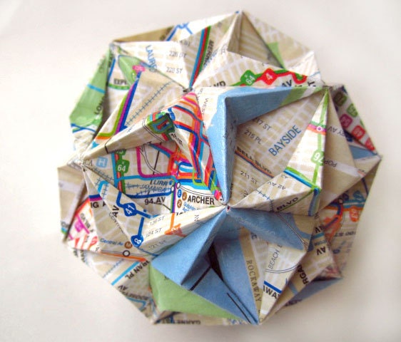 Queens Stars Origami Ornament - Bus Map Upcycled