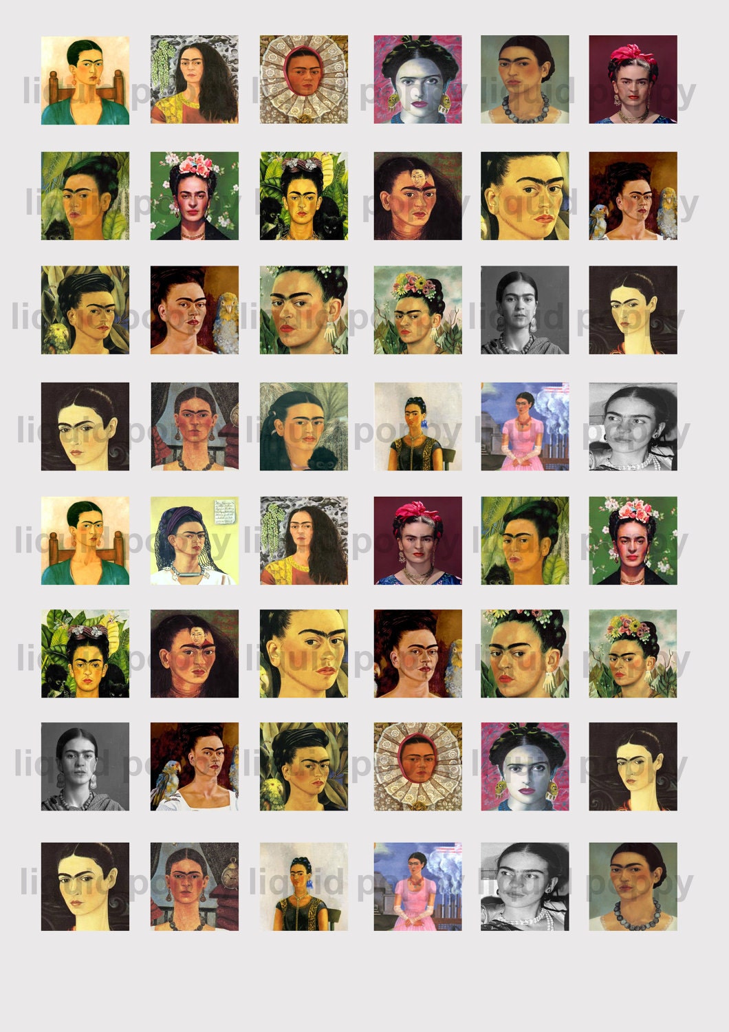 Frida Kahlo  Digital Collage Sheet No 232  Frida Kahlo 1 inch squares on 8x11 sheet