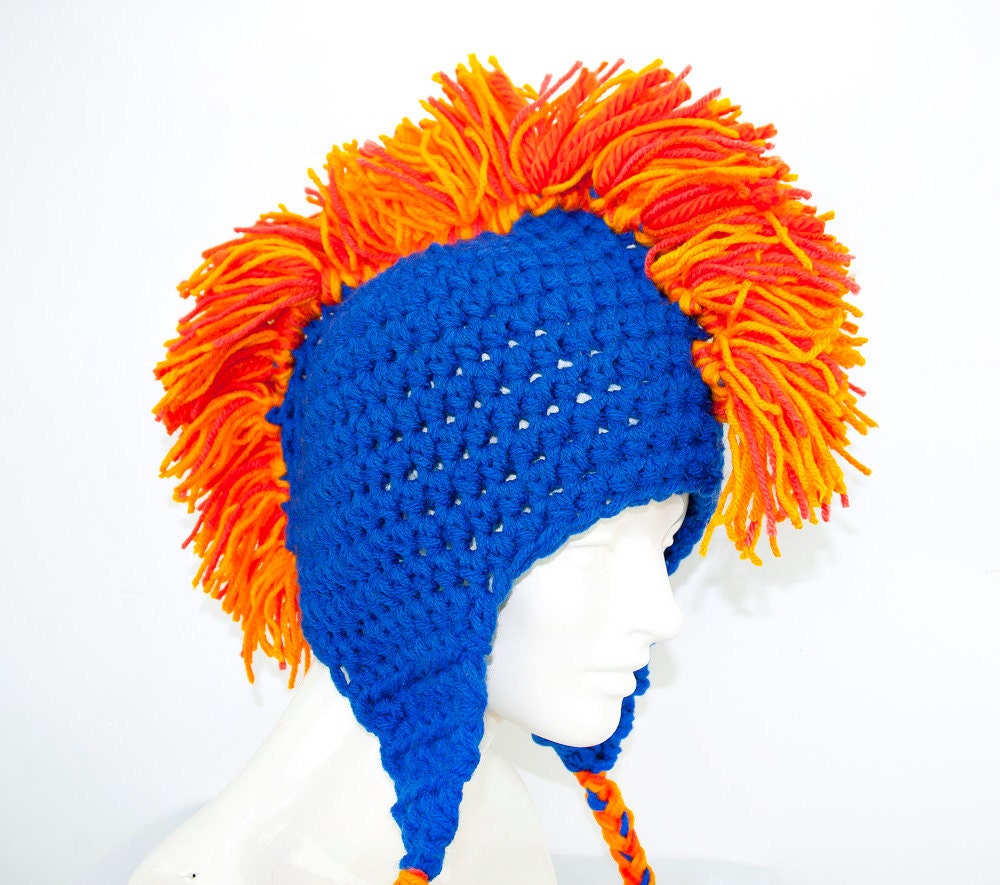 Navy Hat Bright Orange Mohawk Earflap Hat
