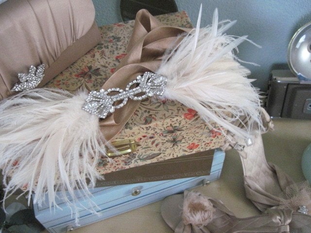 Clara-deco glamour crystal,feather,and silk sash-custom made to order